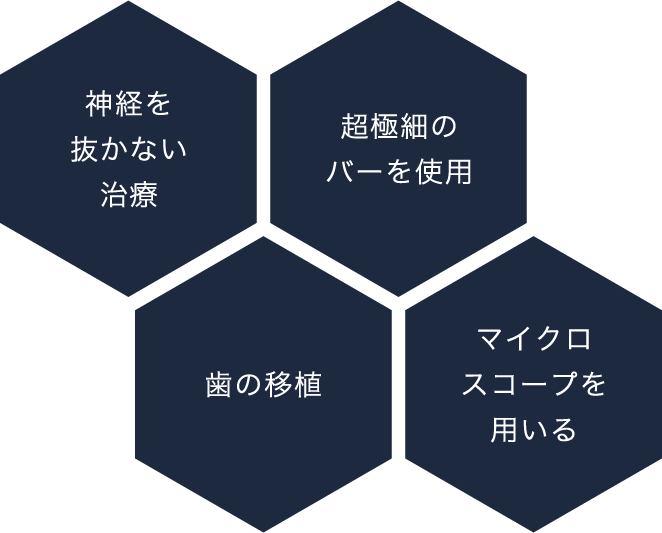 神経を抜かない治療／超極細のバーを使用／歯の移植／マイクロスコープを用いる